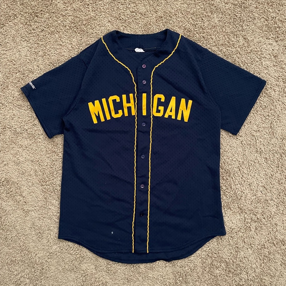 Vintage 90s Michigan Wolverines Majestic Baseball Navy Jersey Size Large RARE